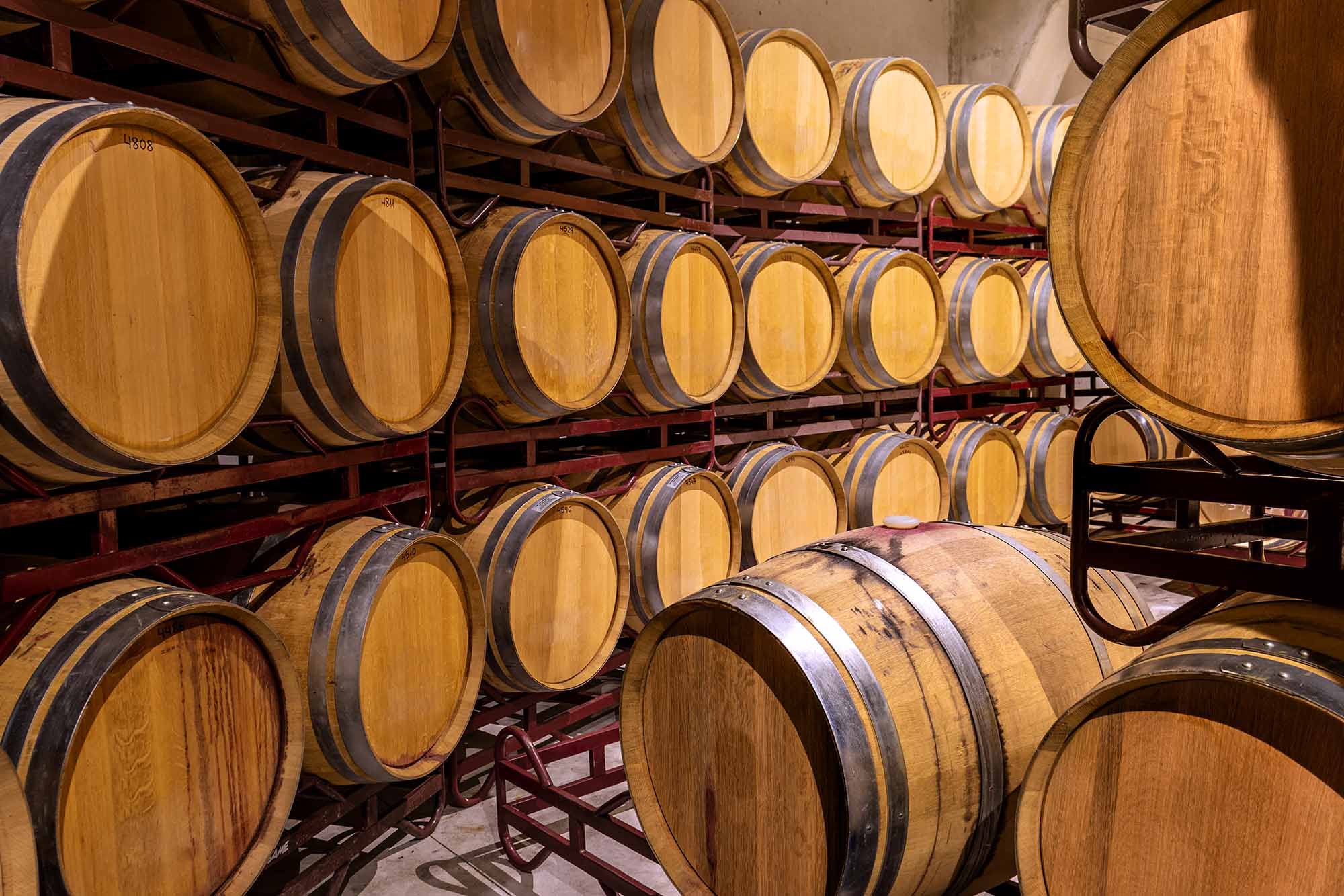 Weinfässer im traditionellen Weinkeller zur Lagerung und Reifung edler Weine.