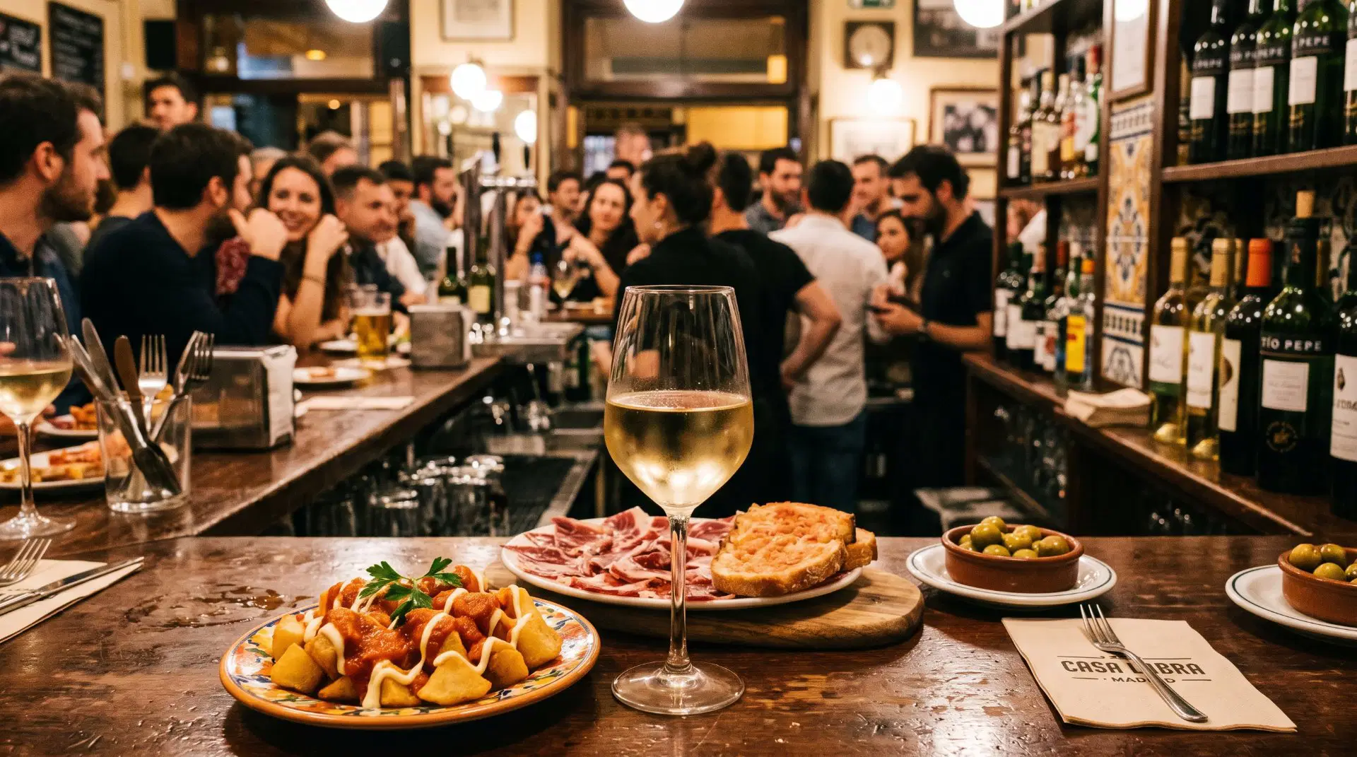 Glas Weißwein mit Beilagen serviert in Bar