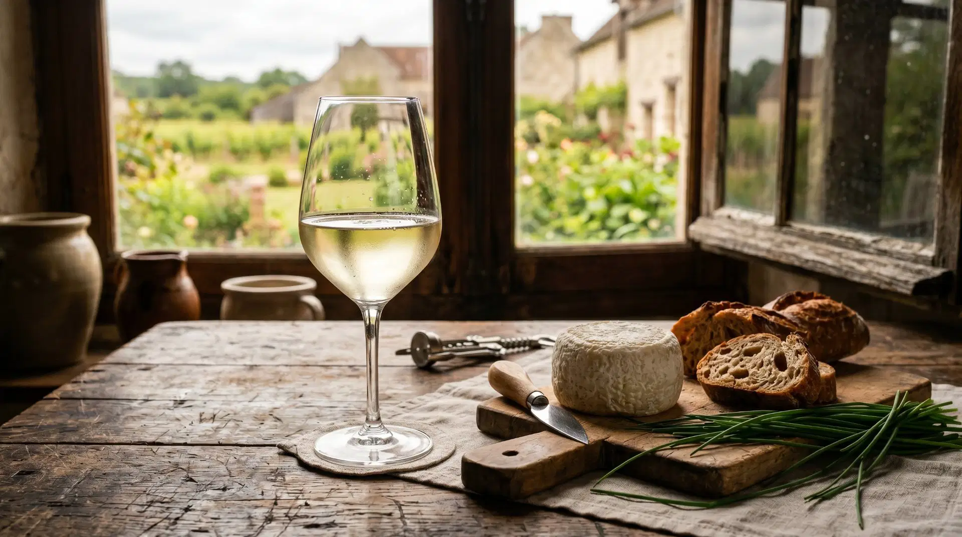 Glas Weißwein serviert mit weichem Käse, Brot und Grünzeug auf Tisch in Hütte