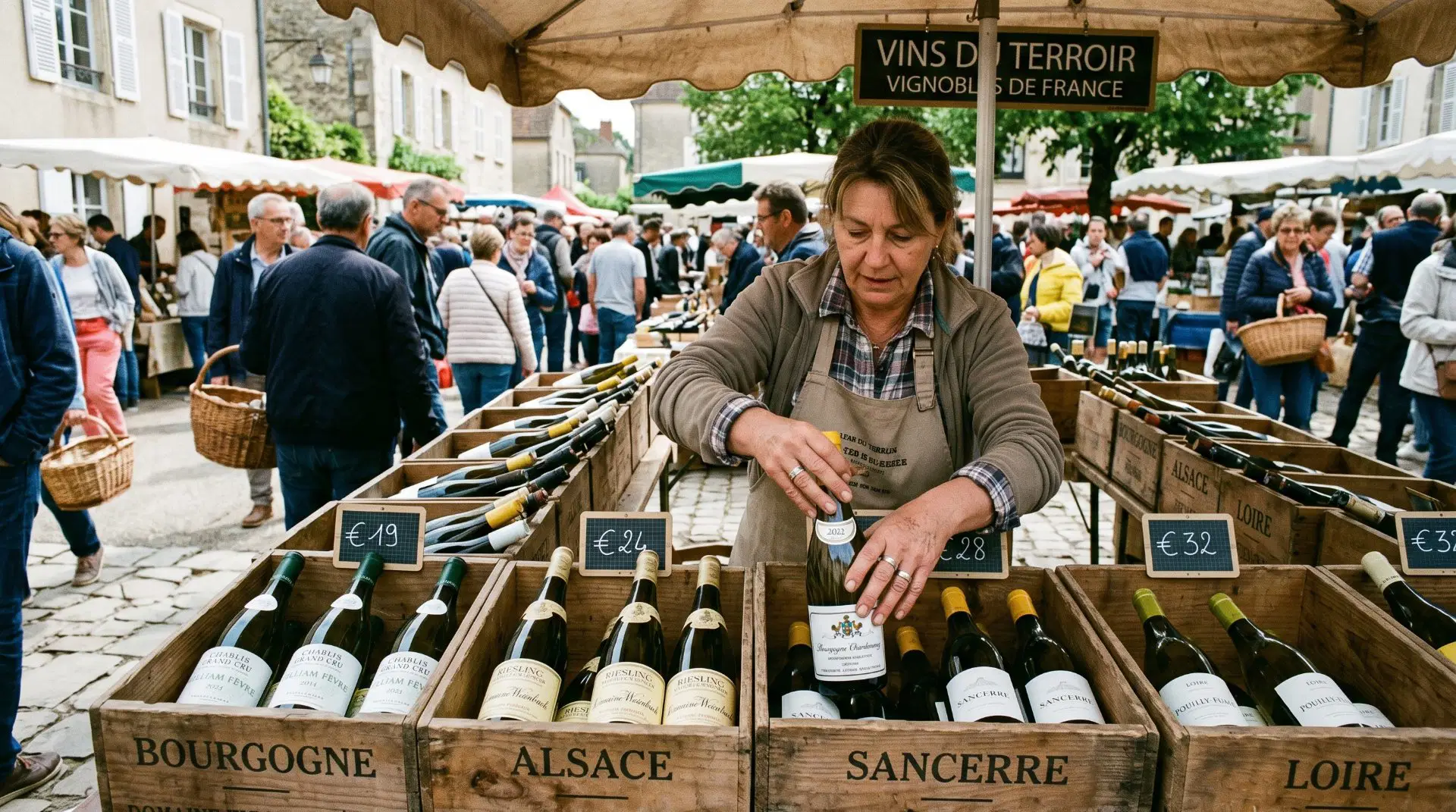 Markt mit Stand welcher französischen Weißwein verkauft