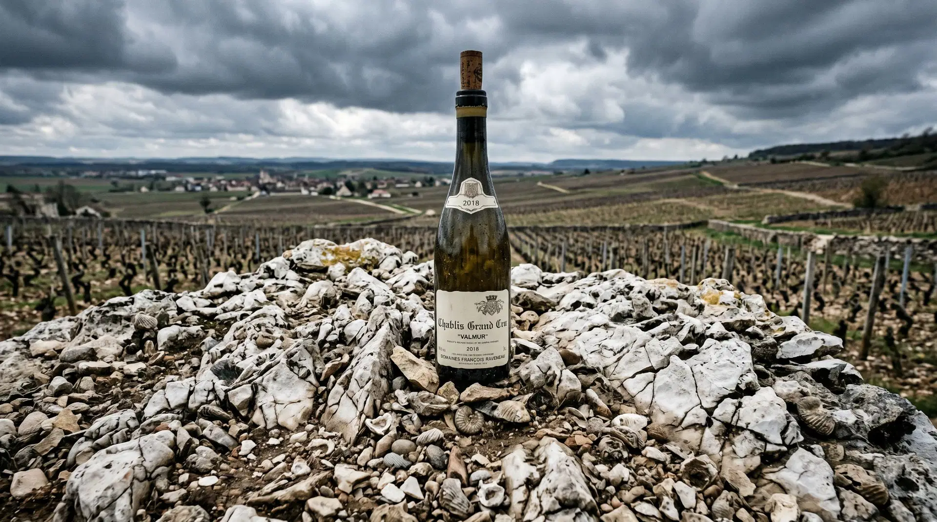 Bild von einer Chablis Flasche auf Weinfeld in Frankreich