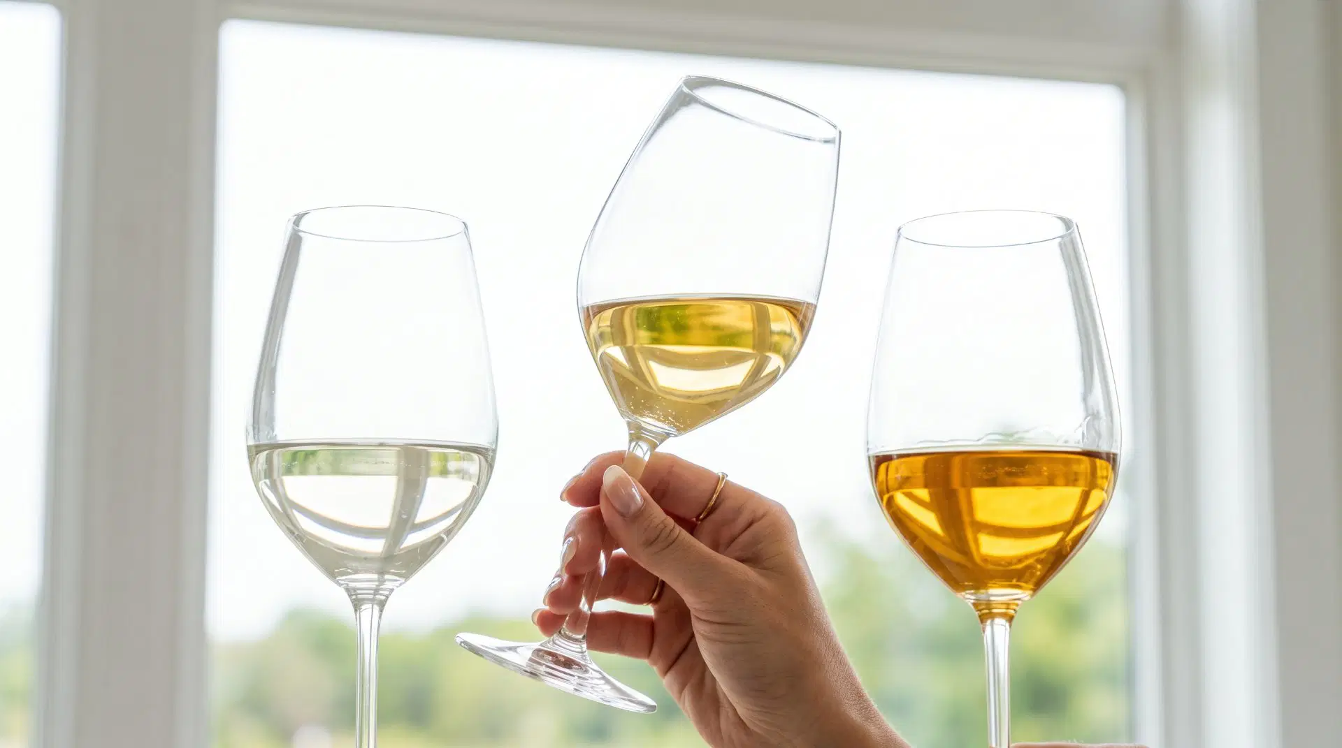 Drei Weingläser mit verschiedenen Weißweinen