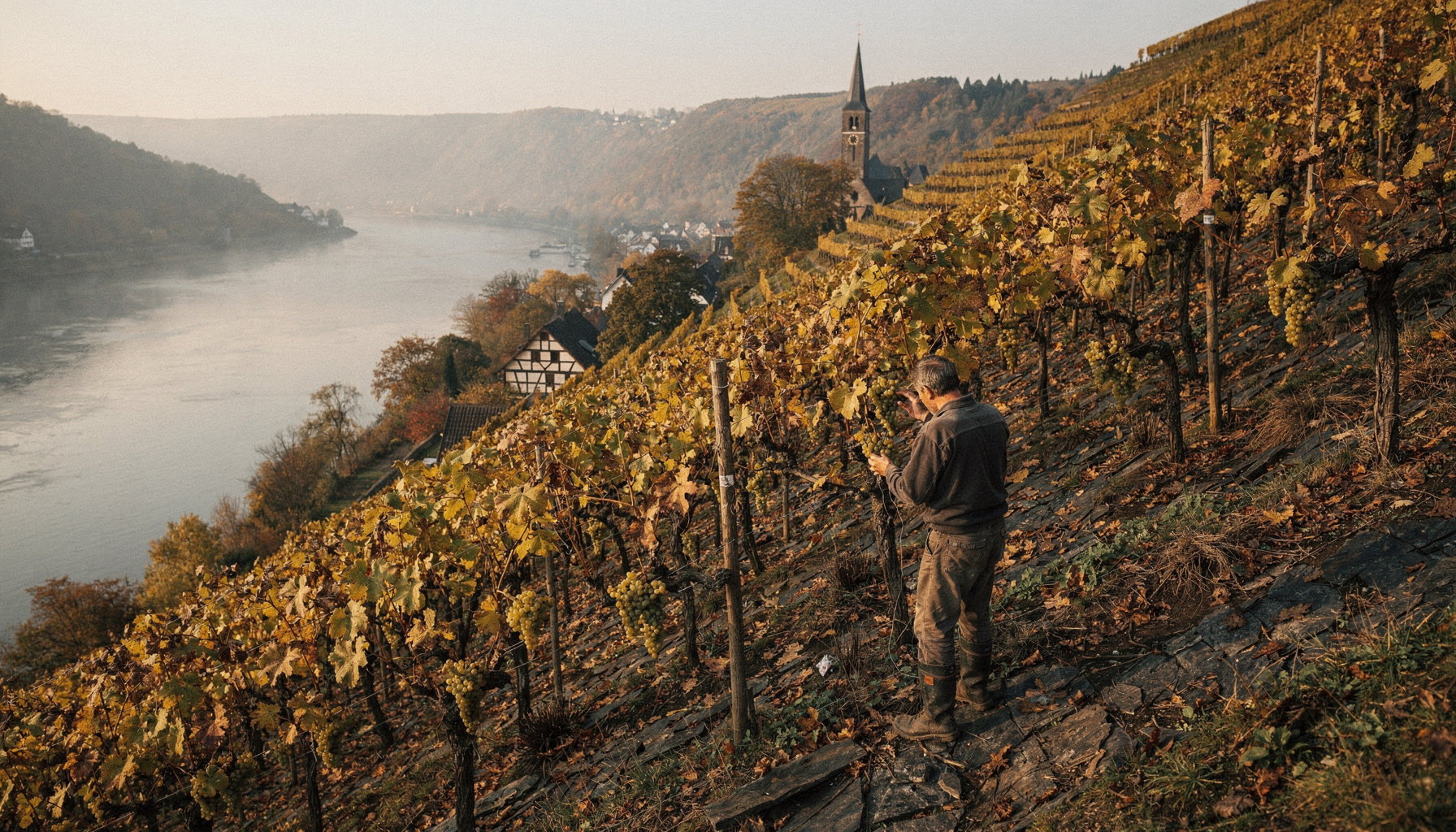 Herbstlicher Weinberg an einem Fluss, ein Winzer bei der Weinlese