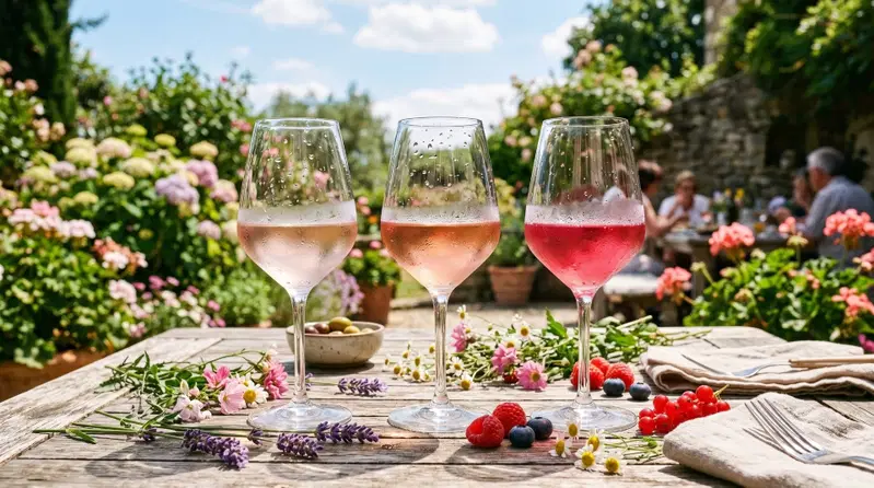 3 Weingläser auf dem Tisch mit verschiedenen rosa Farben