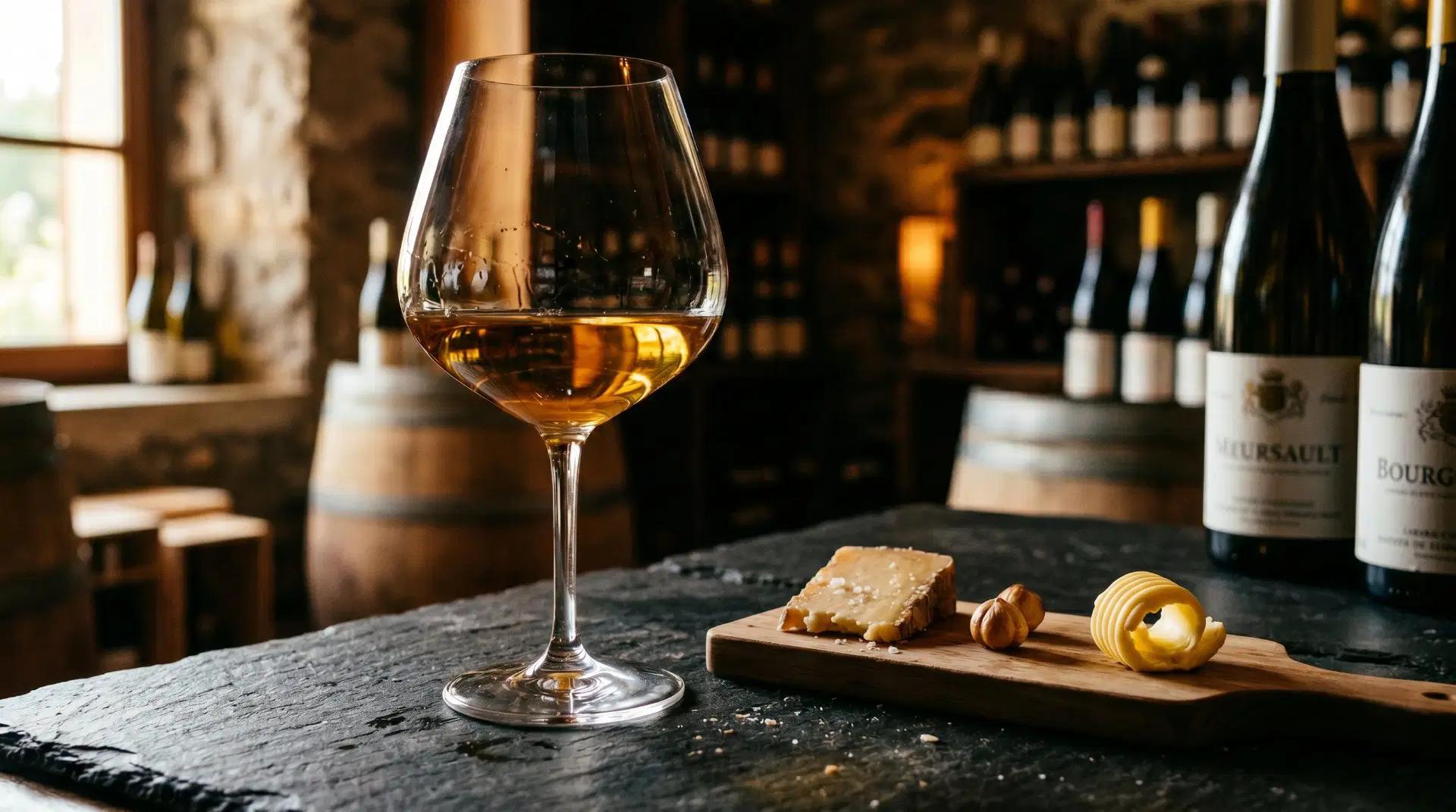 Meursault Wein im Weinglas serviert mit Charcuterie Board in Weinladen