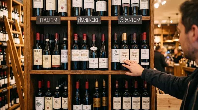 Weinregal mit vielen verschiedenen Weinen aufgeteilt nach Ländern