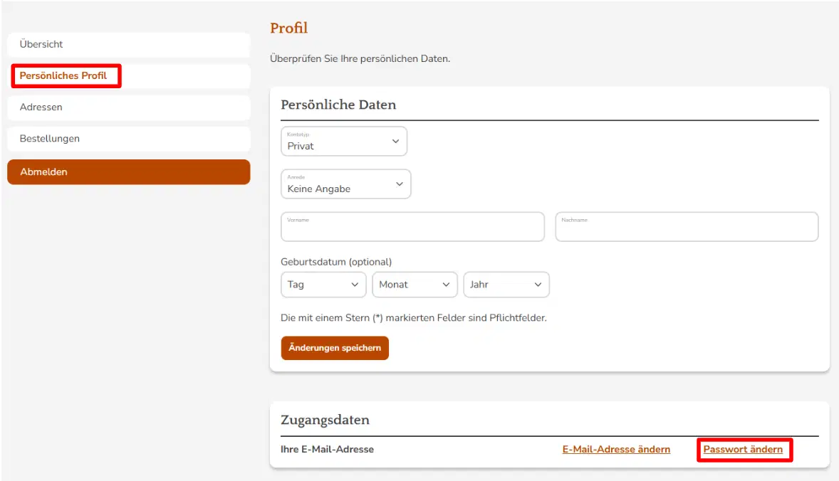 Passwort ändern im Kundenkonto