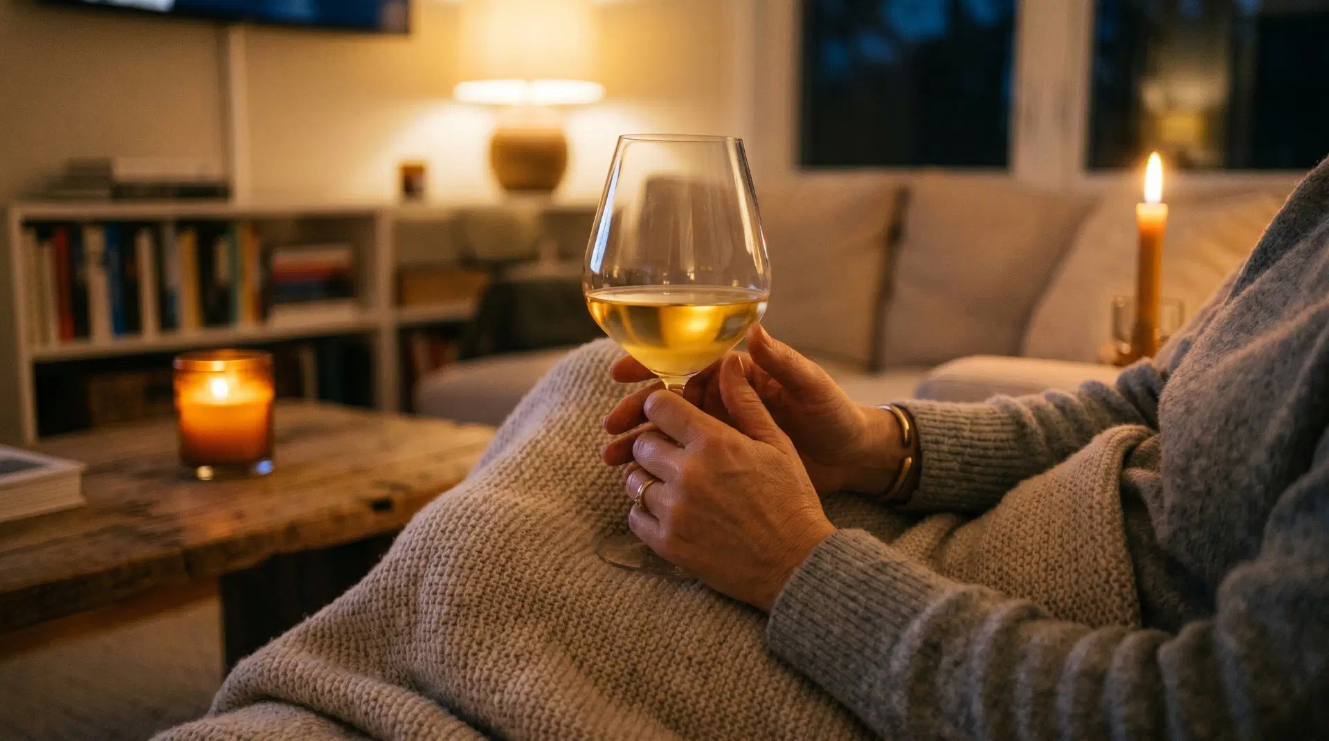 Weißweinglas in Händen bei gemütlichem Abend am Fernseher
