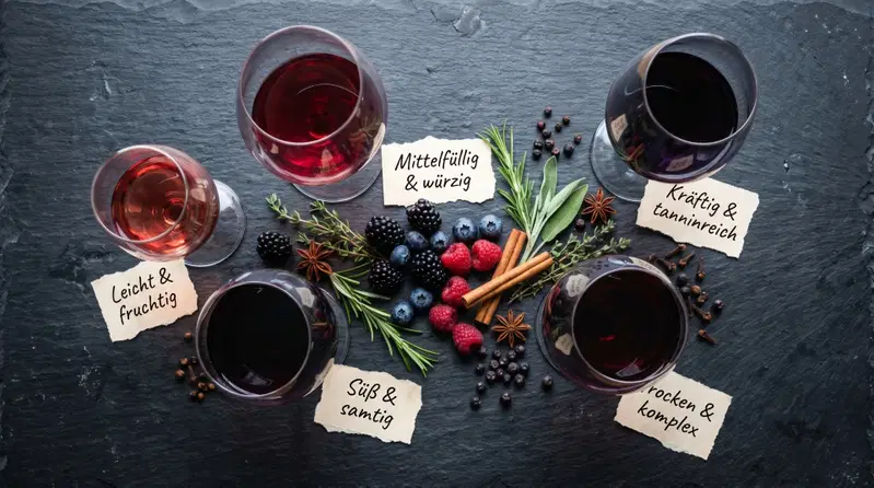 5 verschiedene Weingläser mit Rotwein, mit unterschiedlichen Rottönen