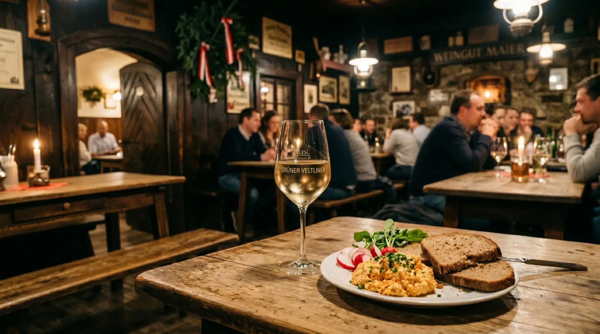 Glas grüner Veltliner in Wirtshaus serviert mit Brot und Obazda