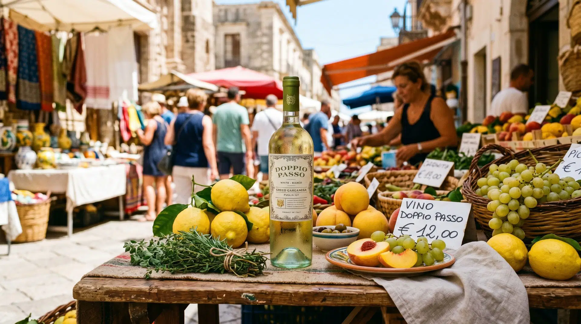 Flasche Doppio Passo Weißwein auf Markt in Italien