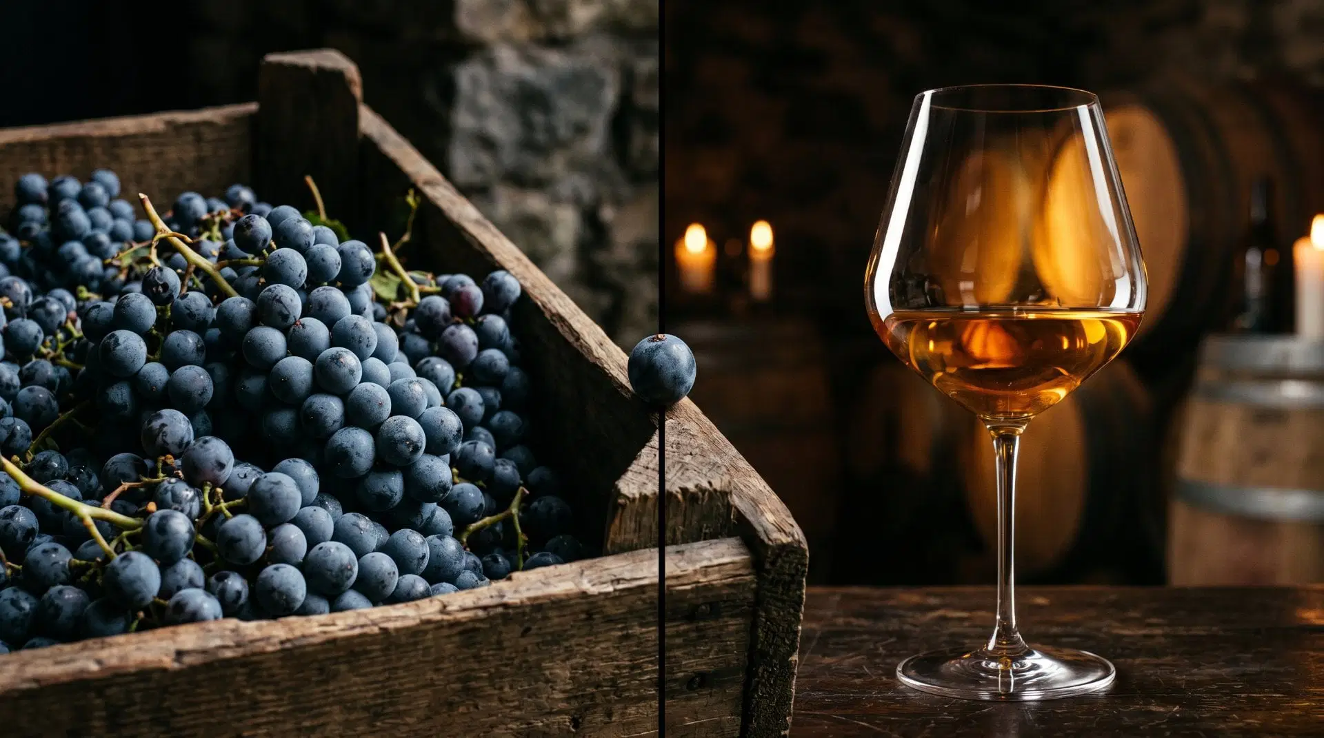 Lila Trauben in Holzkiste neben einem bauchigen Weinglas Weißwein