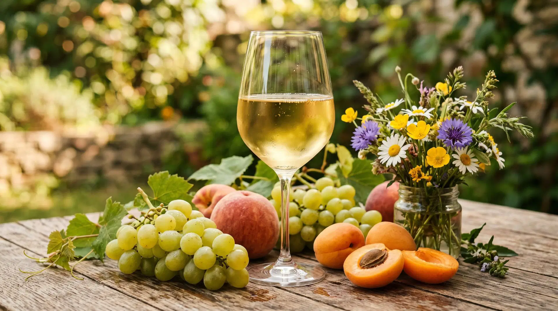 Glas Weißwein angerichtet mit frischem Obst und Blumen
