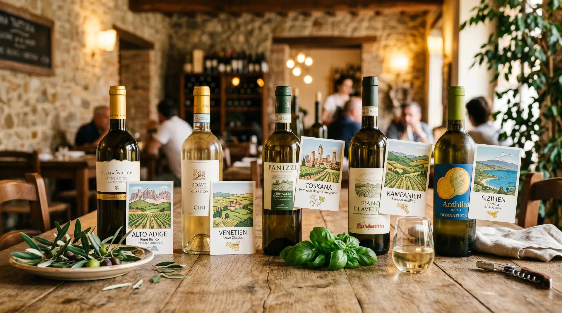 Aufreihung italienischer Weißweine dekoriert mit Oliven und Basilikum auf Tisch