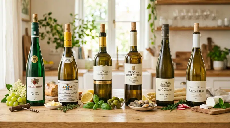 6 Flaschen Weißwein nebeneinander, alle eine andere Art und Sorte