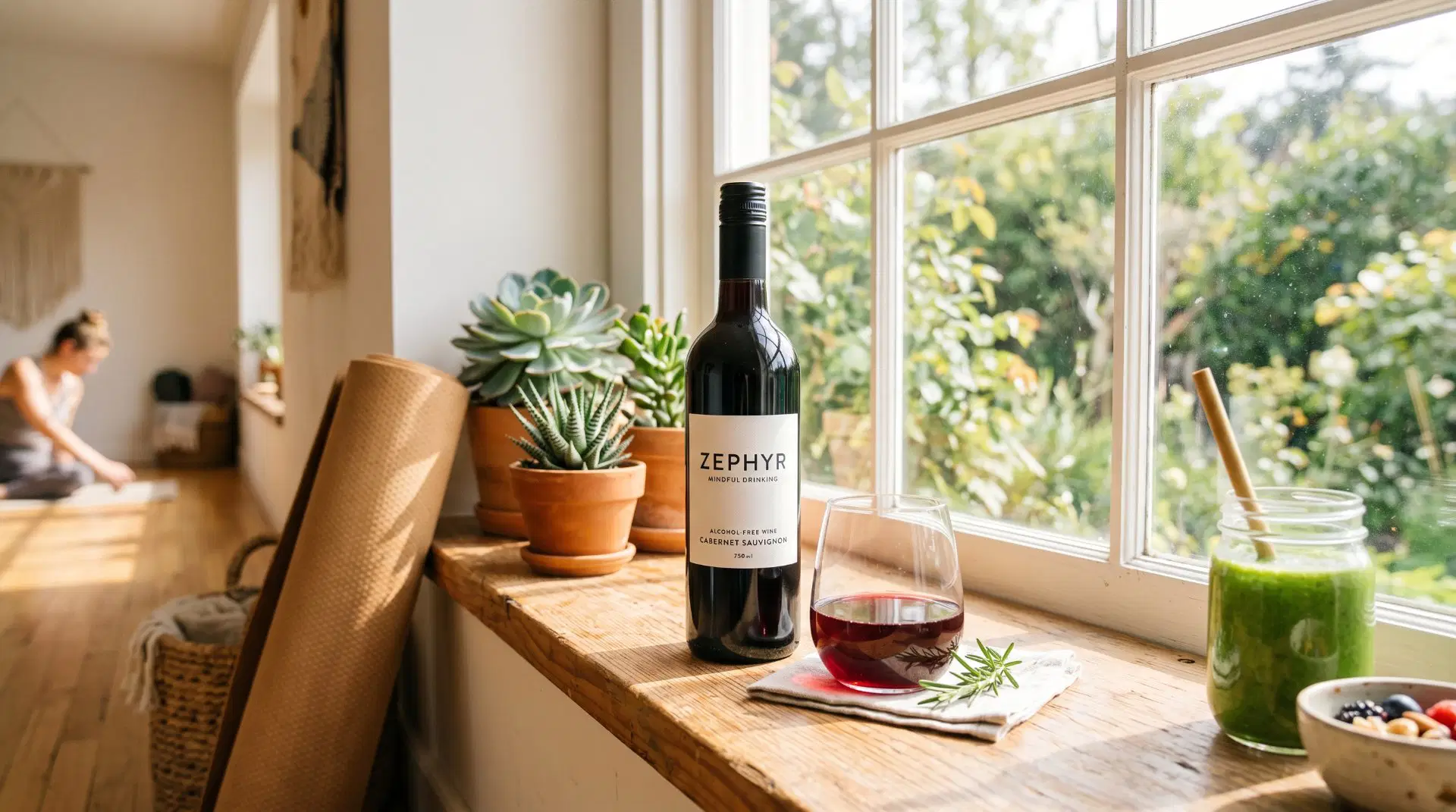 Alkoholfreier Rotwein auf einem Fensterbrett