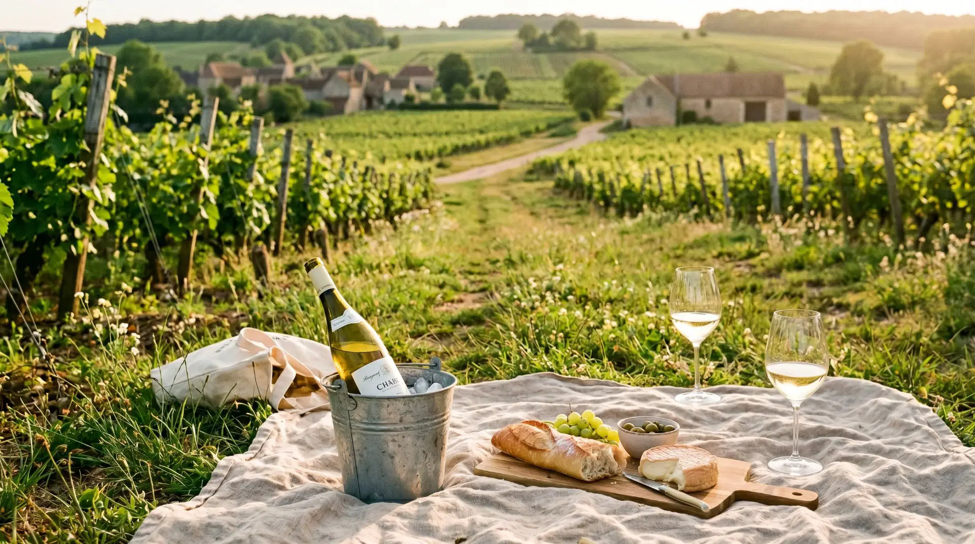 Picknick im Weingarten mit Charcuterie Board und französischen Weißwein in Eiseimer