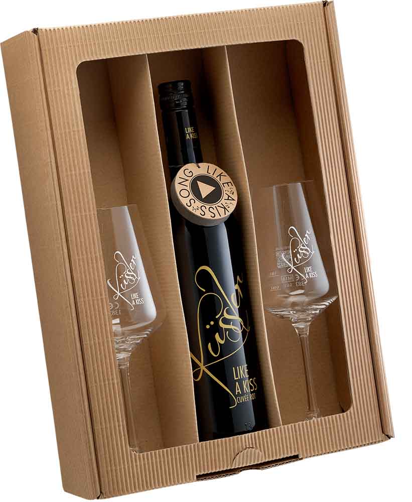 2024 Singender Wein mit dem Küssler-Song mit zwei Küssler-Gläsern rot