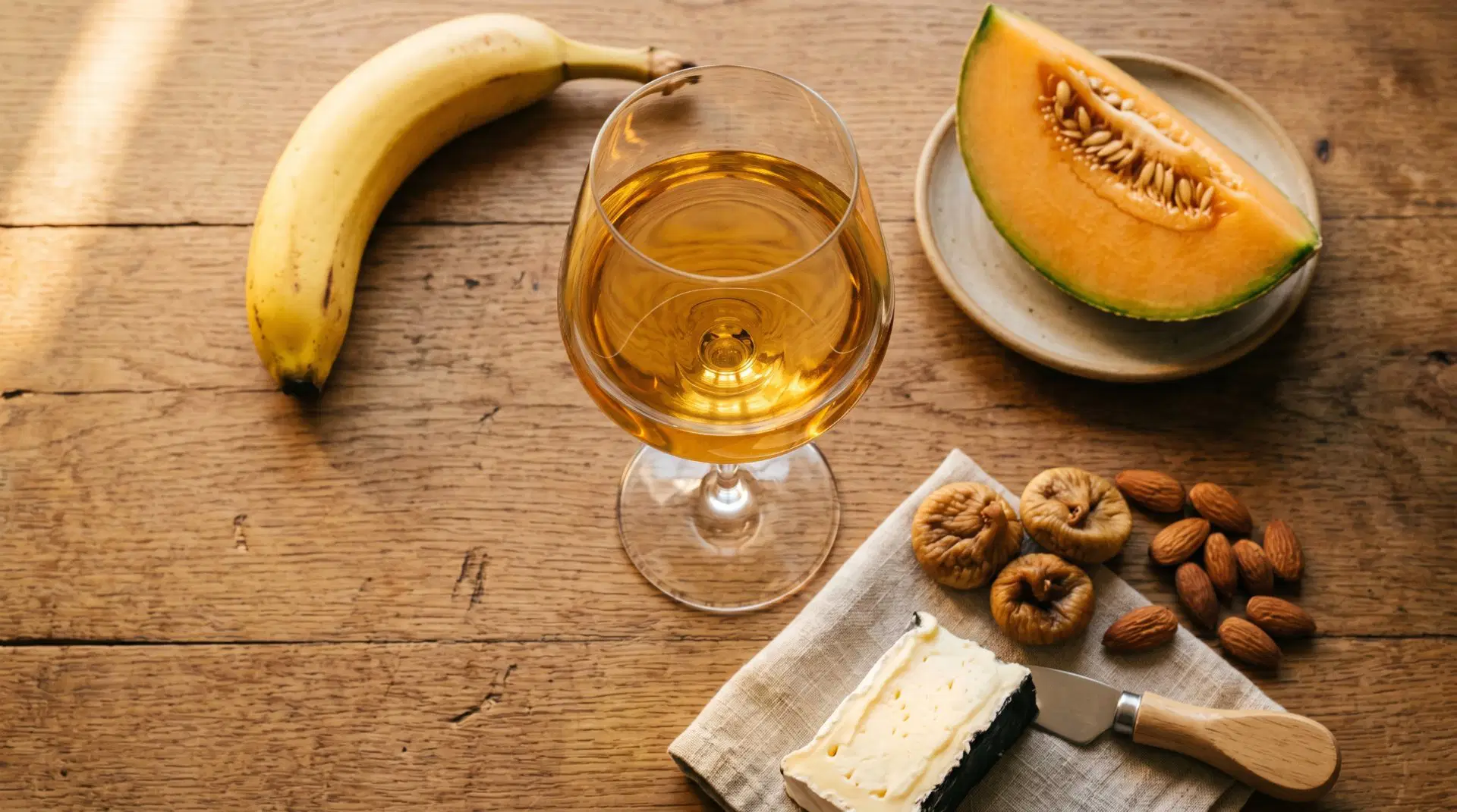 Weißwein serviert mit süßem Obst und Nüssen und Käse