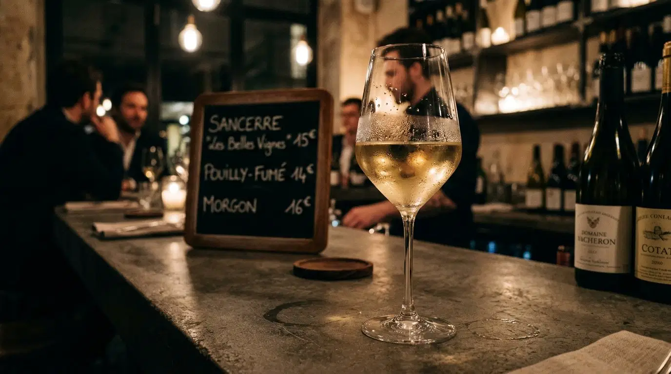 Glas Sancerre auf Bartisch in einer Weinbar