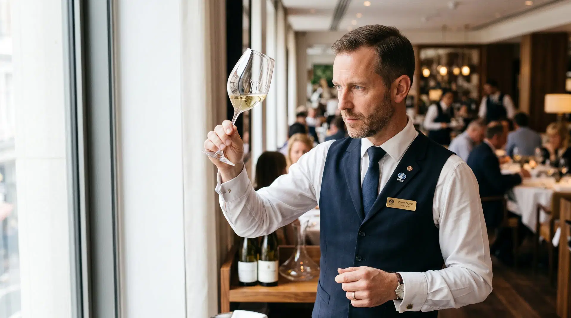 Weinkenner betrachtet Glas Weißwein im Restaurant