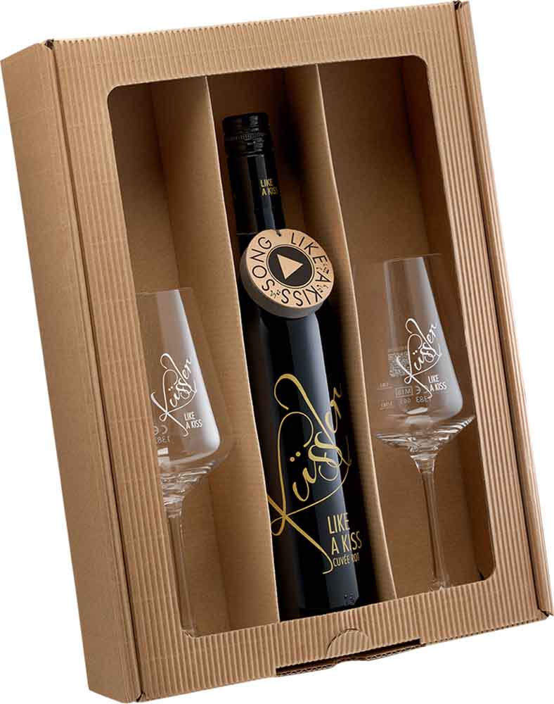 2025 Singender Wein mit dem Küssler-Song mit zwei Küssler-Gläsern rosé