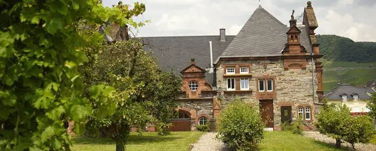 Aussicht auf Weingarten mit großem Haus