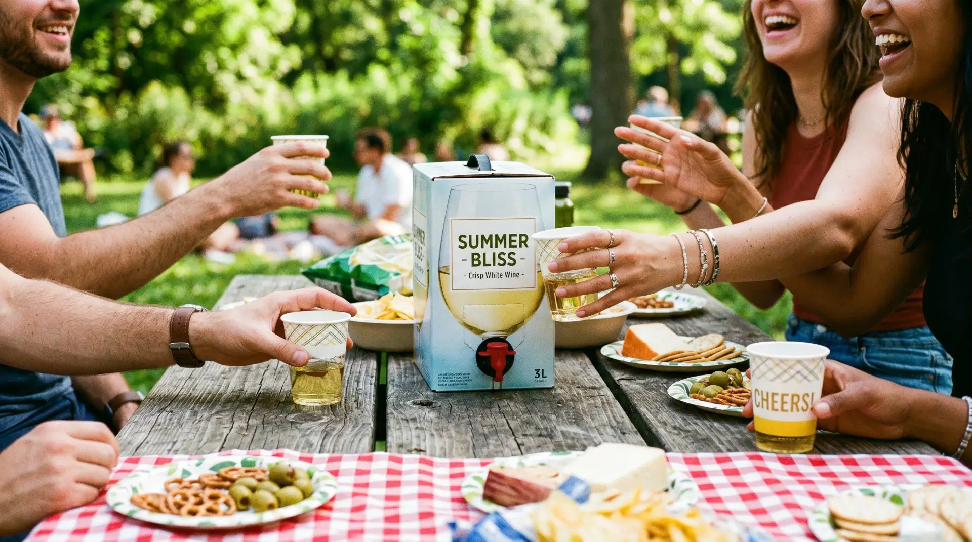 Bild von einem Treffen im Park mit Bag in Box Weißwein im Mittelpunkt