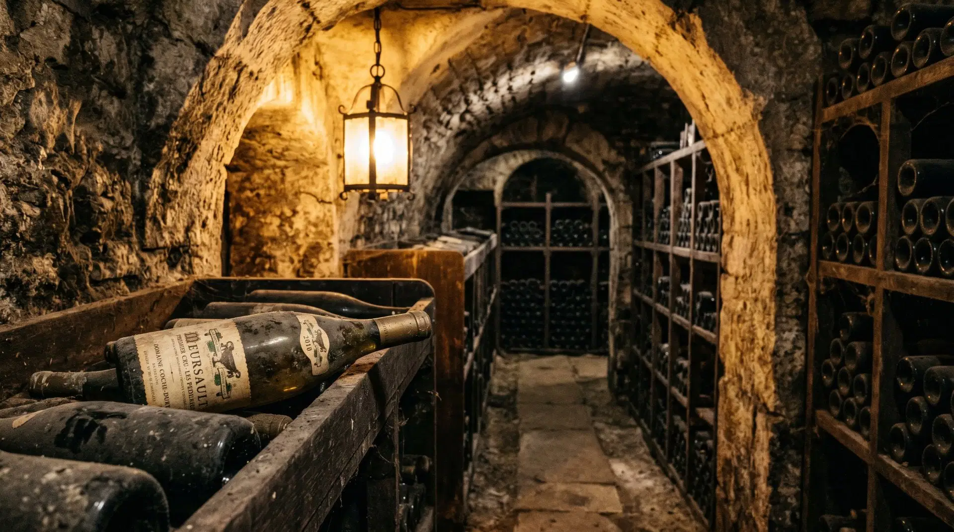 altertümlicher Weinkeller mit Meursault Wein