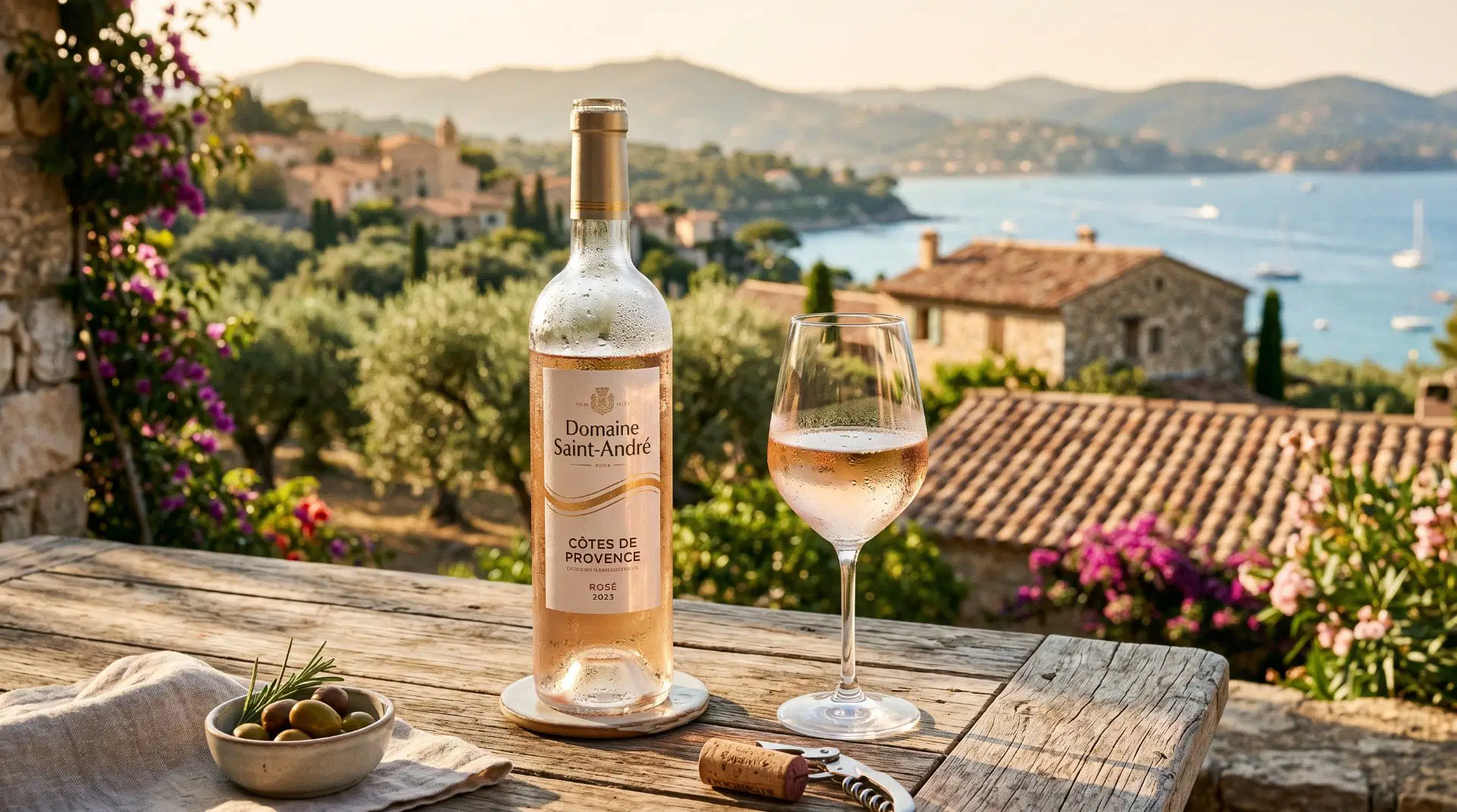 Flasche und Glas Rose präsentiert auf Terrasse an der Küste