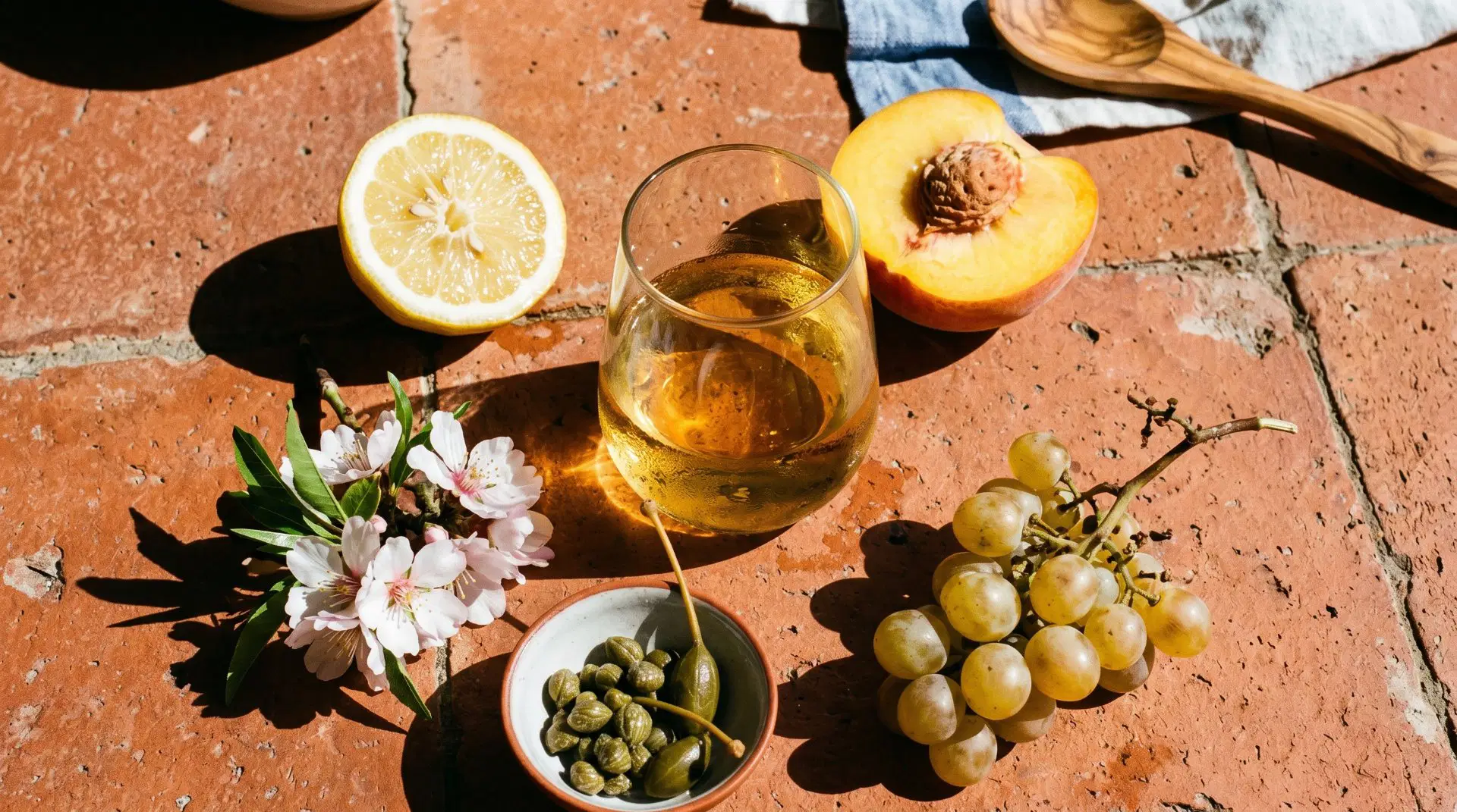Glas Weißwein dekoriert mit Zitrone, Blume, Kapern, trauben und Pfirsich