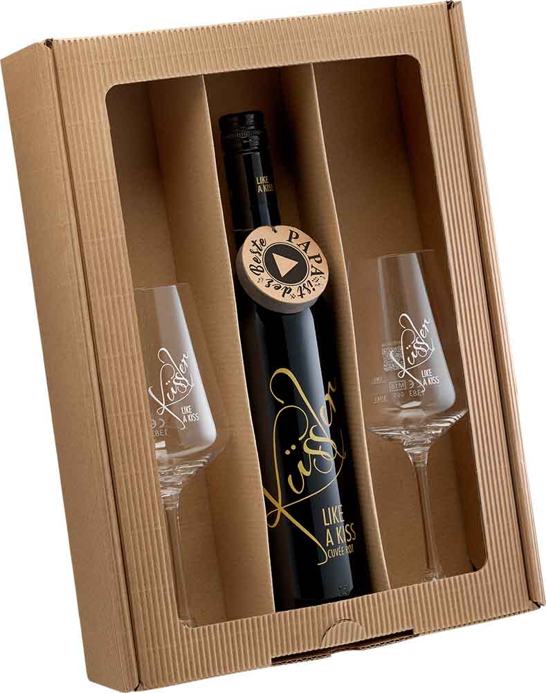 2025 Singender Wein für den besten Papa mit zwei Küssler-Gläsern rosé