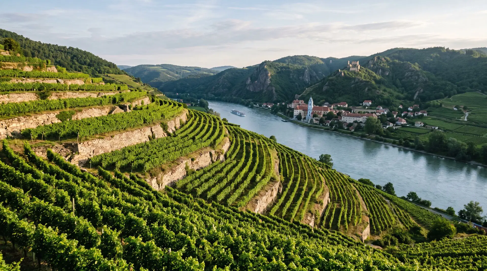 Weinberg in Österreich am Fluss und kleiner Stadt