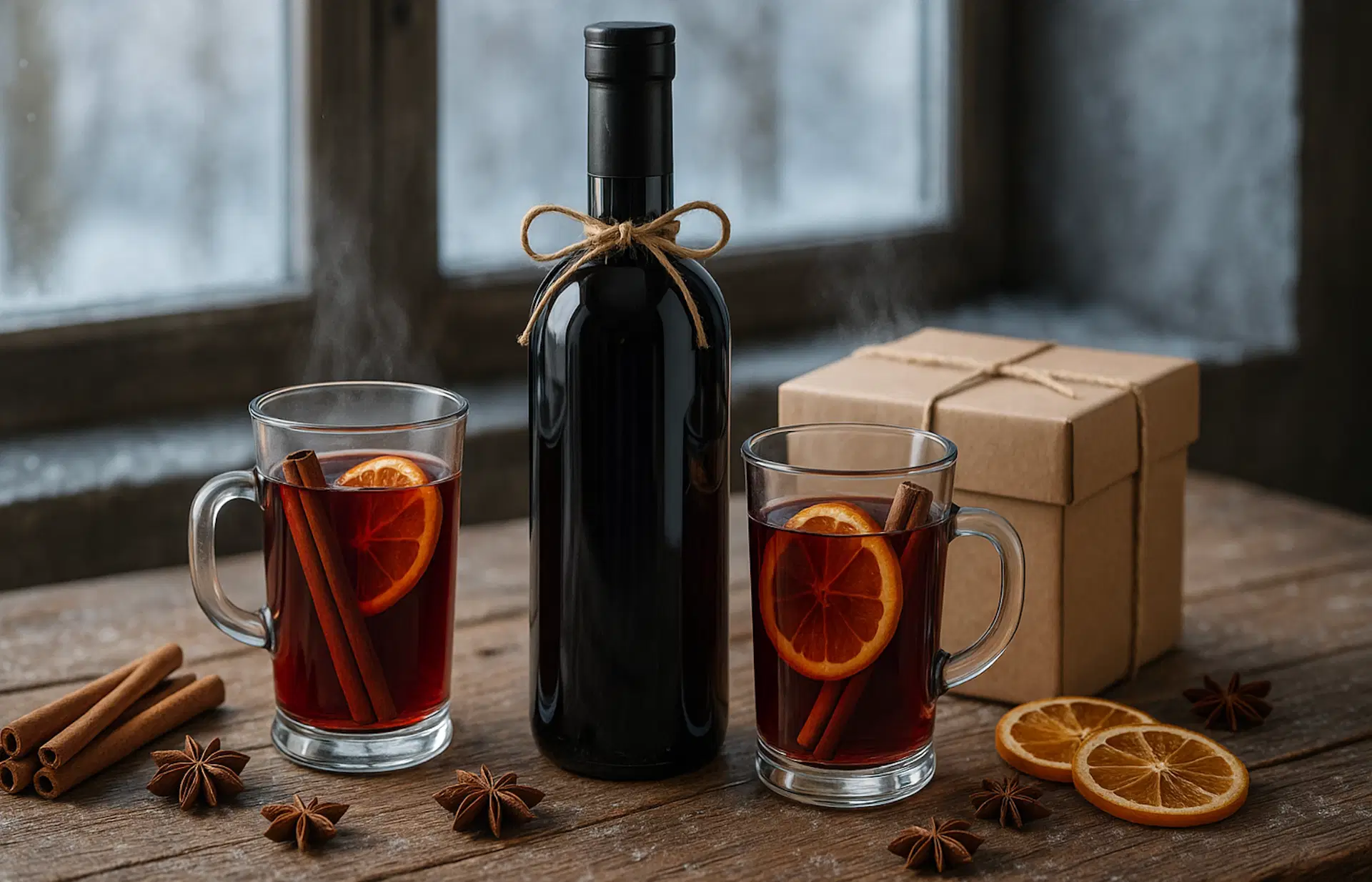 Bild von einer roten Glühweinflasche mit Zwei Tassen dekorierten Glühwein