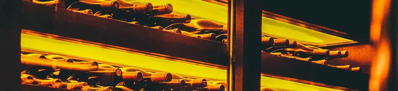 Weinflaschen waagrecht lagernd in Weinregal