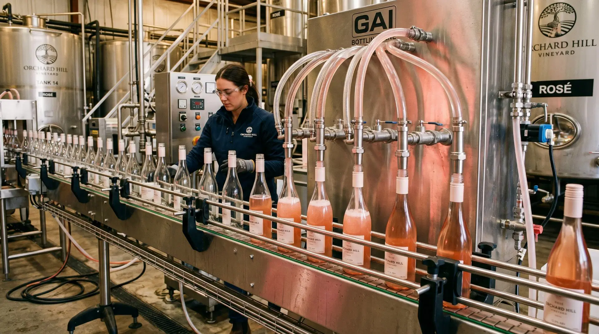 Abfüllprozess von Rosewein mit Maschine