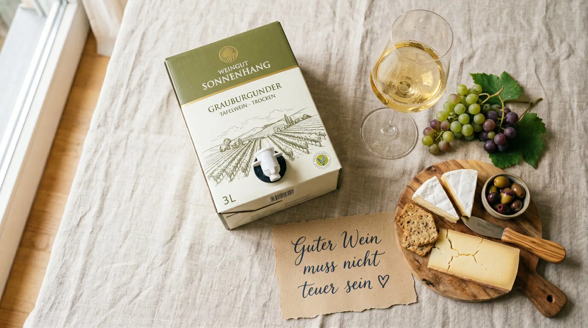 Bag in Box Weißwein neben Glas mit Weißwein serviert mit charcuterie board
