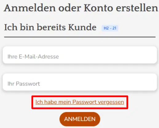 Passwort vergessen im Kundenkonto